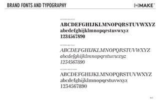 PG. 8
v. 01
v. 03
ABCDEFGHIJKLMNOPQRSTUVWXYZ
abcdefghijklmnopqrstuvwxyz
1234567890
MODERN 880 ROMAN
BRAND FONTS AND TYPOGRAPHY
ABCDEFGHIJKLMNOPQRSTUVWXYZ
abcdefghijklmnopqrstuvwxyz
1234567890
ABCDEFGHIJKLMNOPQRSTUVWXYZ
abcdefghijklmnopqrstuvwxyz
1234567890
MODERN 880 BOLD
MODERN 880 ITALIC
 