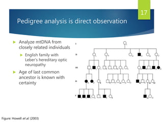 Pedigree analysis is direct observation
 Analyze mtDNA from
closely related individuals
 English family with
Leber’s hereditary optic
neuropathy
 Age of last common
ancestor is known with
certainty
Figure: Howell et al. (2003)
17
 