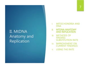 II. MtDNA
Anatomy and
Replication
I. MITOCHONDRIA AND
DNA
II. MTDNA ANATOMY
AND REPLICATION
III. METHODS OF
FINDING
SUBSTITUTION RATE
IV. IMPROVEMENT ON
CURRENT FINDINGS
V. USING THE RATE
7
 