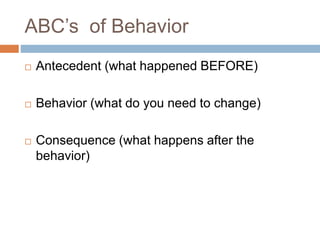 ABC’s of Behavior
 Antecedent (what happened BEFORE)
 Behavior (what do you need to change)
 Consequence (what happens after the
behavior)
 