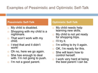 Examples of Pessimistic and Optimistic Self-Talk
 My child is disabled.
 Shopping with my child is a
nightmare.
 That won’t work with my
child.
 I tried that and it didn’t
work!
 Oh no, here we go again.
 She has enough to deal
with. I’m not going to push.
 I’m not a good parent.
 My child needs help
learning new skills.
 My child is not yet ready
for shopping trips.
 I’ll try it.
 I’m willing to try it again.
 OK, I’m ready for this.
 She will learn how to
control herself.
 I work very hard at being
the best parent I can be.
Pessimistic Self-Talk Optimistic Self-Talk
 