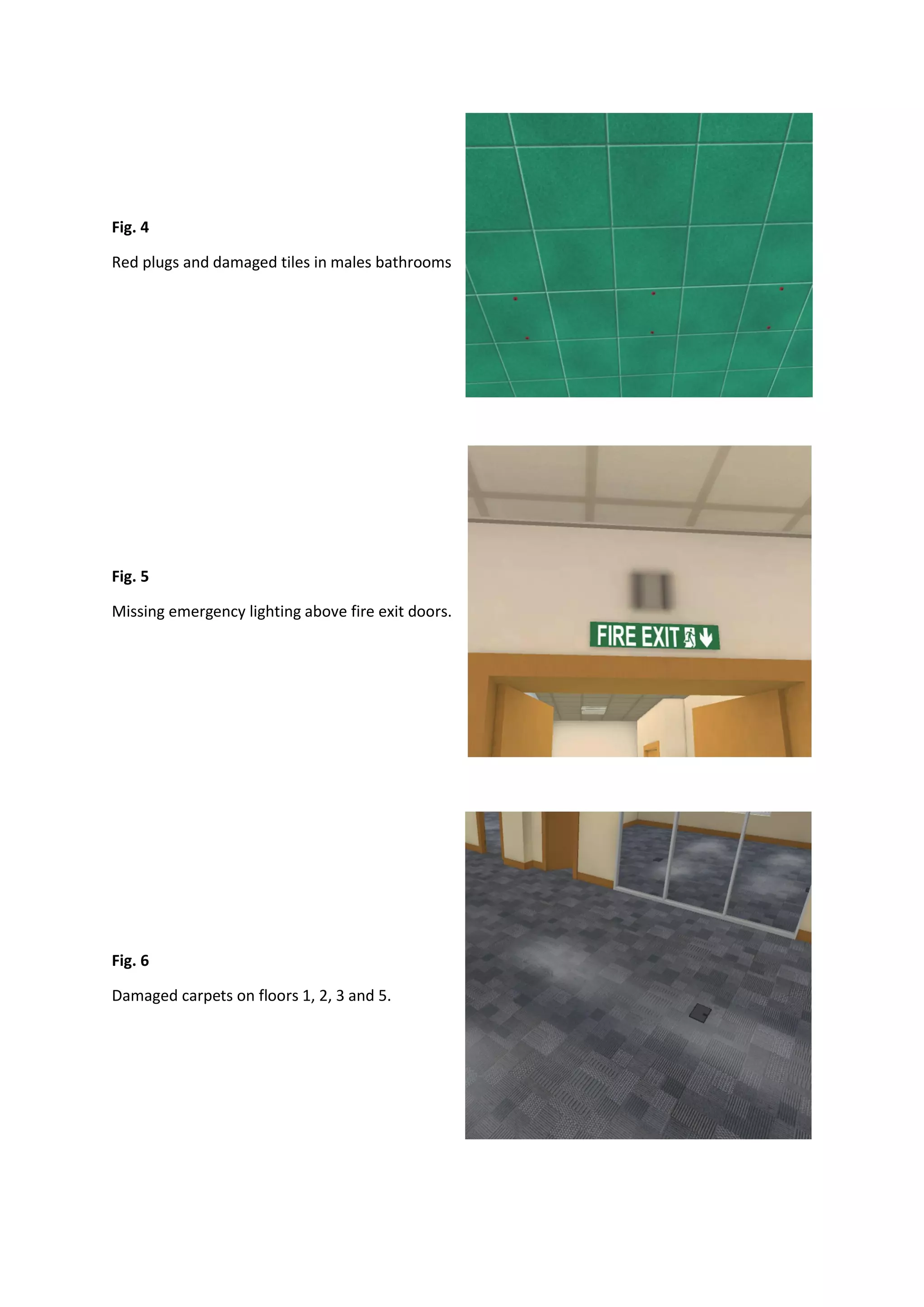Fig. 4
Red plugs and damaged tiles in males bathrooms
Fig. 5
Missing emergency lighting above fire exit doors.
Fig. 6
Damaged carpets on floors 1, 2, 3 and 5.
 