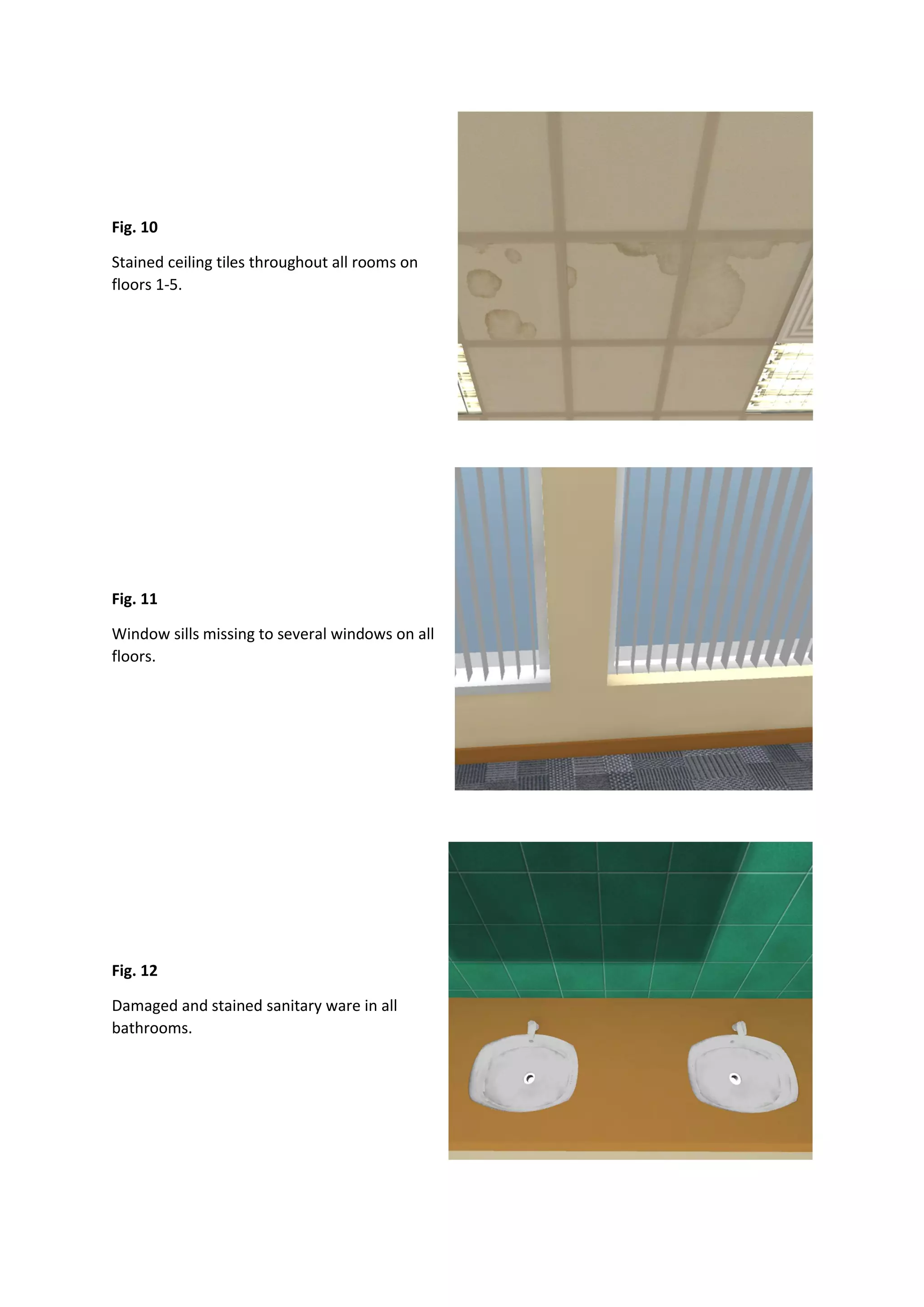 Fig. 10
Stained ceiling tiles throughout all rooms on
floors 1-5.
Fig. 11
Window sills missing to several windows on all
floors.
Fig. 12
Damaged and stained sanitary ware in all
bathrooms.
 