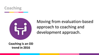 Coaching
Moving from evaluation-based
approach to coaching and
development approach.
Coaching is an OD
trend in 2016
 
