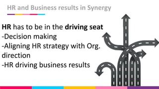HR has to be in the driving seat
-Decision making
-Aligning HR strategy with Org.
direction
-HR driving business results
HR and Business results in Synergy
 