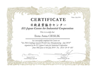 Ilona Cieslik Certificate released by EU-Japan Center