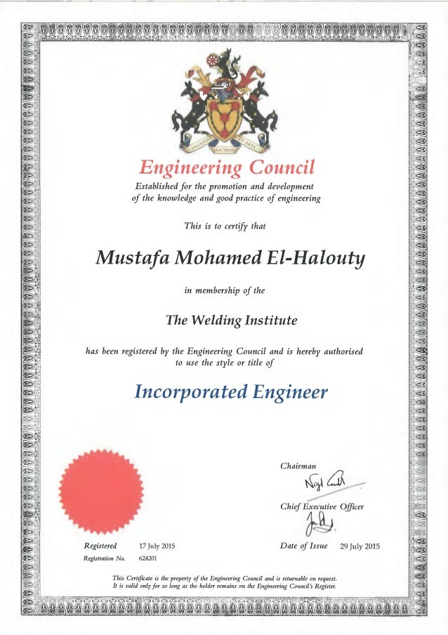 Engineering Council Incorporated Engineer Certificate