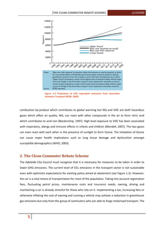 [THE CLEAN COMMUTER REBATE SCHEME] a1193390
5
combustion by-product which contributes to global warming but NOx and VOC are both hazardous
gases which affect air quality. NOx can react with other compounds in the air to form nitric acid
which contributes to acid rain (Blackenship, 1997). High level exposure to VOC has been associated
with respiratory, allergy and immune effects in infants and children (Mendell, 2007). The two gases
can even react with each other in the presence of sunlight to form Ozone. The inhalation of Ozone
can cause major health implications such as lung tissue damage and dysfunction amongst
susceptible demographics (WHO, 2003).
2. The Clean Commuter Rebate Scheme
The Adelaide City Council must recognise that it is necessary for measures to be taken in order to
lower GHG emissions. The current level of CO2 emissions in the transport sector is not sustainable
even with optimistic expectations for existing policy aimed at abatement (see Figure 1.3). However,
the car is a vital means of transportation for most of the population. Taking into account registration
fees, fluctuating petrol prices, maintenance costs and insurance needs; owning, driving and
maintaining a car is already stressful for those who rely on it. Implementing a tax, increasing fees or
otherwise inflating the cost of owning and running a vehicle may achieve a reduction in greenhouse
gas emissions but only from the group of commuters who are able to forgo motorised transport. The
Figure 1.3 Projections of CO2 equivalent emissions from Australian
Domestic Transport (BTRE, 2002)
 