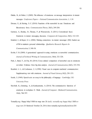 13
Dindia, K., & Huber, J. (2009). The influence of emoticons on message interpretation in instant
messages. Conference Papers -- National Communication Association, 1, 1-34
Dresner, E., & Herring, S. C. (2010). Functions of the nonverbal in cmc: Emoticons and
illocutionary force. Communication Theory, 20(3), 249-268.
Garrison, A., Remley, D., Thomas, P., & Wierszewski, E. (2011). Conventional faces:
Emoticons in instant messaging discourse. Computers & Composition, 28(2), 112-125.
Kindred, J., & Roper, S. L. (2004). Making connections via instant messenger (IM): Sudent use
of IM to maintain personal relationships. Qualitative Research Reports In
Communication, 5, 548-54.
Krohn, F. B. (2004). A generational approach to using emoticons as nonverbal communication.
Journal of Technical Writing & Communication, 34(4), 321-328.
Park, J., Baek, Y., & Cha, M. (2014). Cross-cultural comparison of nonverbal cues in emoticons
on twitter: Evidence from big data analysis. Journal of Communication, 64(2), 333-354.
Rezabek, L. L., & Cochenour, J. J. (1998). Visual cues in computer-mediated communication:
Supplementing text with emoticons. Journal of Visual Literacy,18(2), 201-215.
Searle, J. (1969). Speech acts: an essay in the philosophy of language. Cambridge, UK:
University Press.
Skovholt, K., Grønning, A., & Kankaanranta, A. (2014). The communicative functions of
emoticons in workplace E‐ Mails. Journal of Computer‐ Mediated Communication,
19(4), 780-797.
Textually.org: Happy bday! SMS txt msgs turn 20. (n.d.). textually.org: happy bday! SMS txt
msgs turn 20. Retrieved October 26, 2014, from textually.org/textually/archives/201
 