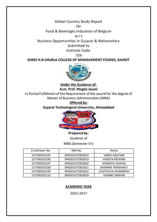 Global Country Study Report
On
Food & Beverages Industries of Belgium
w.r.t
Business Opportunities In Gujarat & Maharashtra
Submitted to
Institute Code:
759
SHREE H.N.SHUKLA COLLEGE OF MANAGEMENT STUDIES, RAJKOT
Under the Guidance of:
Asst. Prof. Megha Jasani
In Partial Fulfillment of the Requirement of the award for the degree of
Master of Business Administration (MBA)
Offered by:
Gujarat Technological University, Ahmadabad
Prepared by:
Students of
MBA (Semester-III)
ACADEMIC YEAR
2015-2017
Enrollment No. SRN No. Name
157590592105 SRN201675902818 VANVI GAUTAM
157590592106 SRN201675902819 VASOYA KRISHNA
157590592107 SRN201675902820 VEKARIYA DHAVAL
157590592108 SRN201675902821 BHIMANI PRASHANTI
157590592109 SRN201675902822 CHOTALIYA DHARMESH
157590592110 SRN201675902824 DHANKI SAMYAK
 
