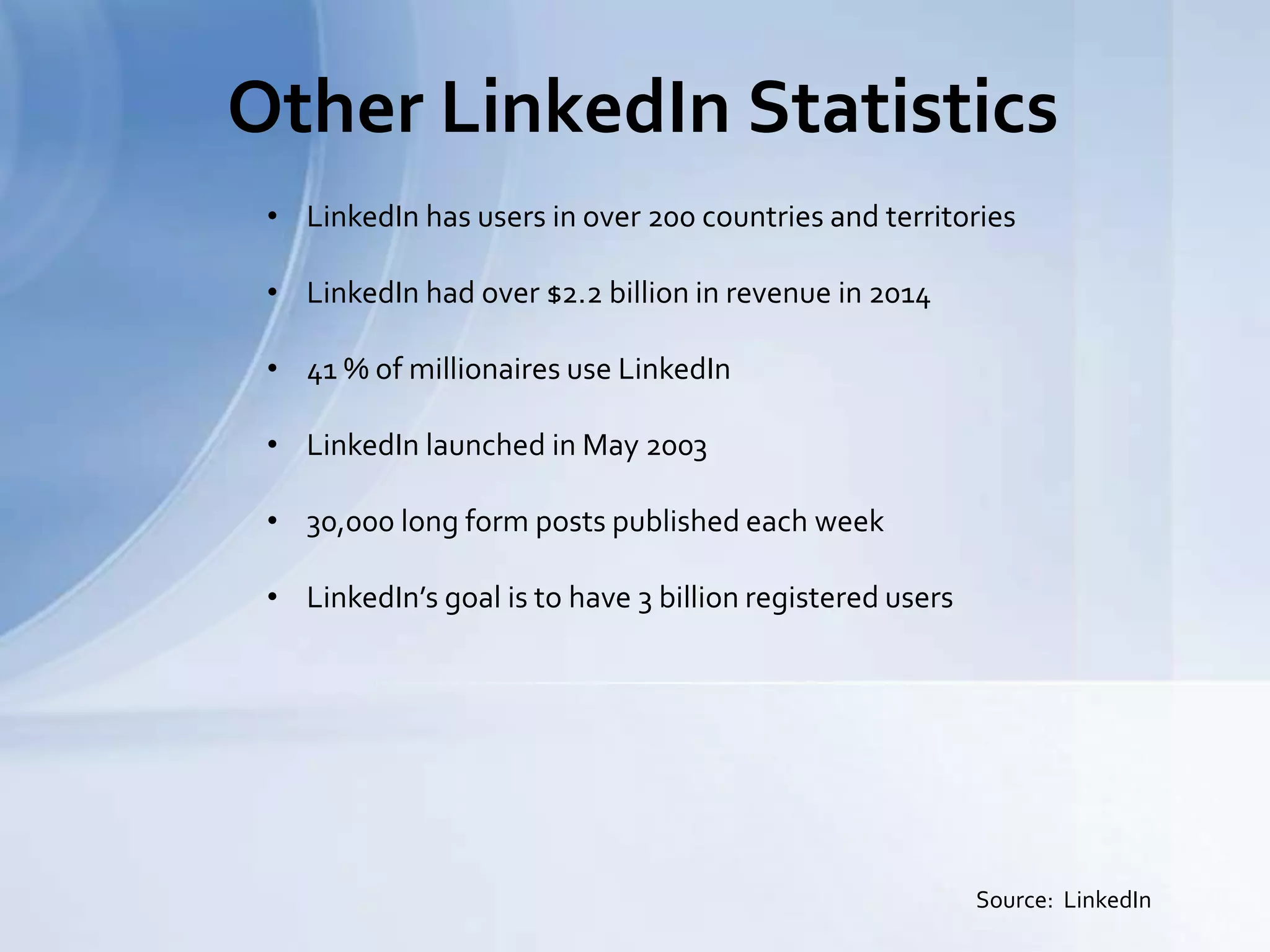 Other LinkedIn Statistics
Source: LinkedIn
• LinkedIn has users in over 200 countries and territories
• LinkedIn had over $2.2 billion in revenue in 2014
• 41 % of millionaires use LinkedIn
• LinkedIn launched in May 2003
• 30,000 long form posts published each week
• LinkedIn’s goal is to have 3 billion registered users
 