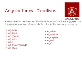 Angular Terms - Directives
A directive is a behavior or DOM transformation which is triggered by
the presence of a custom attribute, element name, or class name.
 ng-app
 ng-bind
 ng-model
 ng-class
 ng-if
 ng-show/ng-hide
 ng-style
 ng-view
 ng-switch
 ng-repeat
 ng-init
 ng-*
 