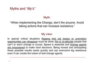 Myths and “My’s”
Myth:
“When implementing the Change, don’t fire anyone. Avoid
taking actions that can increase resistance...