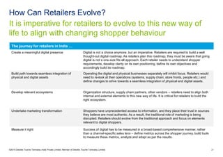 It is imperative for retailers to evolve to this new way of
life to align with changing shopper behaviour
How Can Retailers Evolve?
©2015 Deloitte Touche Tohmatsu India Private Limited. Member of Deloitte Touche Tohmatsu Limited 21
The journey for retailers in India …
Create a meaningful digital presence Digital is not a choice anymore, but an imperative. Retailers are required to build a well
thought-out digital roadmap. As retailers plan this roadmap, they must be aware that going
digital is not a one-size fits all approach. Each retailer needs to understand shopper
requirements, develop clarity on its own positioning, define its own objectives and
accordingly build its roadmap.
Build path towards seamless integration of
physical and digital assets
Operating the digital and physical businesses separately will inhibit focus. Retailers would
need to re-look at their operations (systems, supply chain, store fronts, people etc.) and
define changes to strive towards a seamless integration of physical and digital assets.
Develop relevant ecosystems Organization structure, supply chain partners, other vendors – retailers need to align both
internal and external elements to this new way of life. It is critical for retailers to build the
right ecosystem.
Undertake marketing transformation Shoppers have unprecedented access to information, and they place their trust in sources
they believe are most authentic. As a result, the traditional role of marketing is being
disrupted. Retailers should evolve from the traditional approach and focus on elements
relevant to digital shoppers.
Measure it right Success of digital has to be measured in a broad-based comprehensive manner, rather
than a channel-specific sales lens – define metrics across the shopper journey, build tools
to measure these metrics, analyze and adapt as per the results.
 
