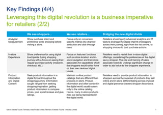 Leveraging this digital revolution is a business imperative
for retailers (2/2)
Key Findings (4/4)
©2015 Deloitte Touche Tohmatsu India Private Limited. Member of Deloitte Touche Tohmatsu Limited 7
We see shoppers... We see retailers... Bridging the new digital divide
Analysis/
Measurement
Show purchase intent and
preference while browsing before
visiting a store.
Focus only on conversion
specific metrics like channel
attribution and click-through
rates.
Retailers should apply advanced analytics and IT
tools to leverage the digital imprint of shoppers
across their journey, right from the visit online, to
shopping in-store to post purchase actions.
In-store
Experience
Show preference for using digital
touchpoints during shopping
journey with a focus on easing their
regular purchase activity (research,
checkout, etc.).
Focus on features/ functions
such as store location and in-
store navigation and train store
associates for capabilities which
the shoppers would rather have
on their own devices/ digital
kiosks.
Retailers need to revisit their in-store digital
offerings, considering the preferences of the digital
savvy shopper. The role and training of sales
associate needs to undergo significant change in
order to add value to the shoppers experience.
Product
Information
and Digital
Content
Seek product information in a
digital format throughout the
shopping journey. Information
sought ranges from seeking
shopping inspiration, getting
product information to compare
prices, post social reviews and give
ratings.
Maintain on-line product
catalogs that are different than
products in-store. Product
information and other content in
the digital world usually caters
only to the online catalog.
Hence, many in-store products
miss out being represented in
the digital world.
Retailers need to provide product information to
shoppers across the superset of products they sell
online and in-store. Differentiating across physical
and digital presence creates shopper dissonance.
 