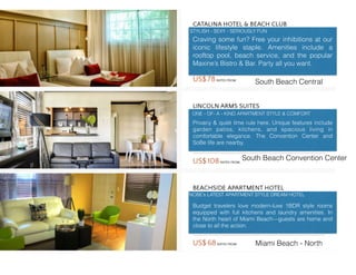 STYLISH - SEXY - SERIOUSLY FUN
Craving some fun? Free your inhibitions at our
iconic lifestyle staple. Amenities include a
rooftop pool, beach service, and the popular
Maxine’s Bistro & Bar. Party all you want.
ONE - OF- A - KIND APARTMENT STYLE & COMFORT
Privacy & quiet time rule here. Unique features include
garden patios, kitchens, and spacious living in
comfortable elegance. The Convention Center and
SoBe life are nearby.
NOBE’s LATEST APARTMENT STYLE DREAM HOTEL
Budget travelers love modern-luxe 1BDR style rooms
equipped with full kitchens and laundry amenities. In
the North heart of Miami Beach—guests are home and
close to all the action.
South Beach Central
South Beach Convention Center
Miami Beach - North
 