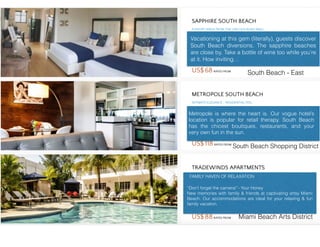 Vacationing at this gem (literally), guests discover
South Beach diversions. The sapphire beaches
are close by. Take a bottle of wine too while you’re
at it. How inviting…
“Don’t forget the camera!”- Your Honey
New memories with family & friends at captivating artsy Miami
Beach. Our accommodations are ideal for your relaxing & fun
family vacation.
Metropole is where the heart is. Our vogue hotel’s
location is popular for retail therapy. South Beach
has the chicest boutiques, restaurants, and your
very own fun in the sun.
FAMILY HAVEN OF RELAXATION
Miami Beach Arts District
South Beach Shopping District
South Beach - East
 