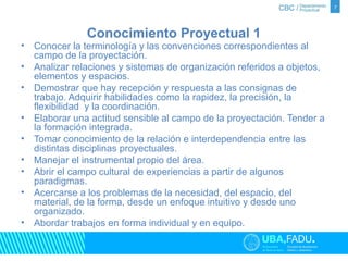Conocimiento Proyectual 1 
• Conocer la terminología y las convenciones correspondientes al 
campo de la proyectación. 
• Analizar relaciones y sistemas de organización referidos a objetos, 
elementos y espacios. 
• Demostrar que hay recepción y respuesta a las consignas de 
trabajo. Adquirir habilidades como la rapidez, la precisión, la 
flexibilidad y la coordinación. 
• Elaborar una actitud sensible al campo de la proyectación. Tender a 
la formación integrada. 
• Tomar conocimiento de la relación e interdependencia entre las 
distintas disciplinas proyectuales. 
• Manejar el instrumental propio del área. 
• Abrir el campo cultural de experiencias a partir de algunos 
paradigmas. 
• Acercarse a los problemas de la necesidad, del espacio, del 
material, de la forma, desde un enfoque intuitivo y desde uno 
organizado. 
• Abordar trabajos en forma individual y en equipo. 
7 
 