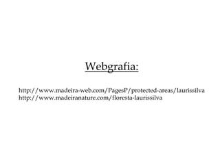 Webgrafia:

http://www.madeira-web.com/PagesP/protected-areas/laurissilva
http://www.madeiranature.com/floresta-laurissilva
 
