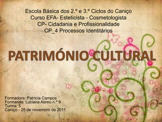 Escola Básica dos 2.º e 3.º Ciclos do Caniço
            Curso EFA- Esteticista - Cosmetologista
              CP- Cidadania e Profissionalidade
                 CP_4 Processos Identitários




Formadora: Patrícia Campos
Formanda: Luciana Abreu n.º 9
Turma: 5
Caniço - 25 de novembro de 2011
 