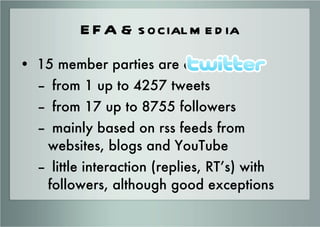 EFA & social media <ul><li>15 member parties are on  </li></ul><ul><ul><li>from 1 up to 4257 tweets  </li></ul></ul><ul><u...