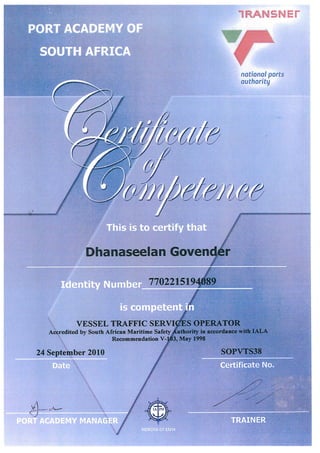 Certificates & Qualifications  DM Govender