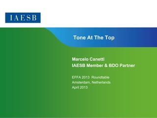 Page 1 | Confidential and Proprietary Information
Tone At The Top
Marcelo Canetti
IAESB Member & BDO Partner
EFFA 2013 Roundtable
Amsterdam, Netherlands
April 2013
 