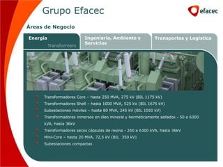 Grupo Efacec
Áreas de Negocio

Energía                  Ingeniaría, Ambiente y             Transportes y Logística
                         Servicios
          Transformers




     Transformadores Core – hasta 250 MVA, 275 kV (BIL 1175 kV)
     Transformadores Shell – hasta 1000 MVA, 525 kV (BIL 1675 kV)
     Subestaciones móviles – hasta 80 MVA, 245 kV (BIL 1050 kV)
     Transformadores inmersos en óleo mineral y herméticamente sellados - 50 a 6300
     kVA, hasta 36kV
     Transformadores secos cápsulas de resina - 250 a 6300 kVA, hasta 36kV
     Mini-Core – hasta 20 MVA, 72,5 kV (BIL 350 kV)
     Subestaciones compactas
 