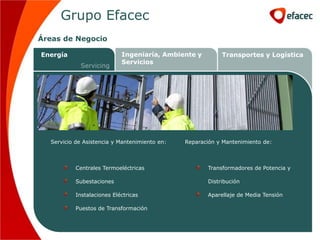 Grupo Efacec
Áreas de Negocio

Energía                     Ingeniaría, Ambiente y         Transportes y Logística
                            Servicios
            Servicing




  Servicio de Asistencia y Mantenimiento en:   Reparación y Mantenimiento de:



           Centrales Termoeléctricas                  Transformadores de Potencia y

           Subestaciones                              Distribución

           Instalaciones Eléctricas                   Aparellaje de Media Tensión

           Puestos de Transformación
 