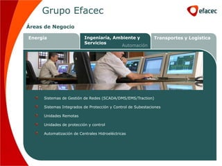 Grupo Efacec
Áreas de Negocio

Energía                   Ingeniaría, Ambiente y             Transportes y Logística
                          Servicios
                                        Automación




     Sistemas de Gestión de Redes (SCADA/DMS/EMS/Traction)

     Sistemas Integrados de Protección y Control de Subestaciones

     Unidades Remotas

     Unidades de protección y control

     Automatización de Centrales Hidroeléctricas
 