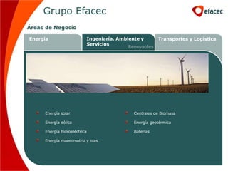 Grupo Efacec
Áreas de Negocio

Energía                       Ingeniaría, Ambiente y       Transportes y Logística
                              Servicios
                                              Renovables




     Energía solar                              Centrales de Biomasa

     Energía eólica                             Energía geotérmica

     Energía hidroeléctrica                     Baterias

     Energía mareomotriz y olas
 