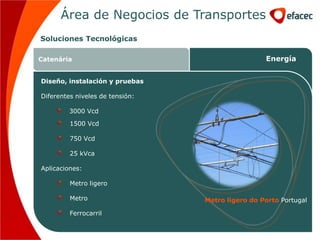 Área de Negocios de Transportes
Soluciones Tecnológicas

Catenária                                         Energía


Diseño, instalación y pruebas

Diferentes niveles de tensión:

         3000 Vcd

         1500 Vcd

         750 Vcd

         25 kVca

Aplicaciones:

         Metro ligero

         Metro                   Metro ligero do Porto Portugal

         Ferrocarril
 