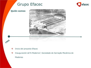 Grupo Efacec
Quién somos




   Inicio del proyecto Efacec

   Inauguración de“A Moderna”, Sociedade de Serração Mecânica de

   Madeiras
 