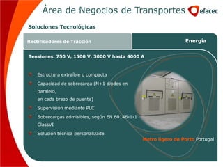 Área de Negocios de Transportes
Soluciones Tecnológicas

Rectificadores de Tracción                                        Energía


Tensiones: 750 V, 1500 V, 3000 V hasta 4000 A



    Estructura extraíble o compacta

    Capacidad de sobrecarga (N+1 diodos en
    paralelo,
    en cada brazo de puente)

    Supervisión mediante PLC

    Sobrecargas admisibles, según EN 60146-1-1
    ClassVI

    Solución técnica personalizada
                                                 Metro ligero do Porto Portugal
 