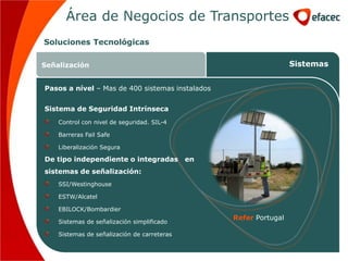 Área de Negocios de Transportes
Soluciones Tecnológicas

Señalización                                                      Sistemas


Pasos a nível – Mas de 400 sistemas instalados


Sistema de Seguridad Intrínseca
    Control con nivel de seguridad. SIL-4

    Barreras Fail Safe

    Liberalización Segura

De tipo independiente o integradas en
sistemas de señalización:
    SSI/Westinghouse

    ESTW/Alcatel

    EBILOCK/Bombardier
                                                 Refer Portugal
    Sistemas de señalización simplificado

    Sistemas de señalización de carreteras
 