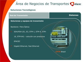 Área de Negocios de Transportes
Soluciones Tecnológicas

Red de Transmisión                                       Sistemas


Soluciones y equipos de transmisión


Backbone Fibra Óptica

    SDH/PDH (E1, E3, STM-1, STM-4, STM-

    16, STM-64) – solución con productos

    EFACEC

    Gigabit Ethernet, Fast Ethernet


                                           CPTM Brazil
 
