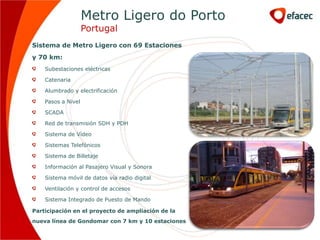 Metro Ligero do Porto
                    Portugal
Sistema de Metro Ligero con 69 Estaciones
y 70 km:
    Subestaciones eléctricas

    Catenaria

    Alumbrado y electrificación

    Pasos a Nivel

    SCADA

    Red de transmisión SDH y PDH

    Sistema de Vídeo

    Sistemas Telefónicos

    Sistema de Billetaje

    Información al Pasajero Visual y Sonora

    Sistema móvil de datos vía radio digital

    Ventilación y control de accesos

    Sistema Integrado de Puesto de Mando

Participación en el proyecto de ampliación de la
nueva línea de Gondomar con 7 km y 10 estaciones
 