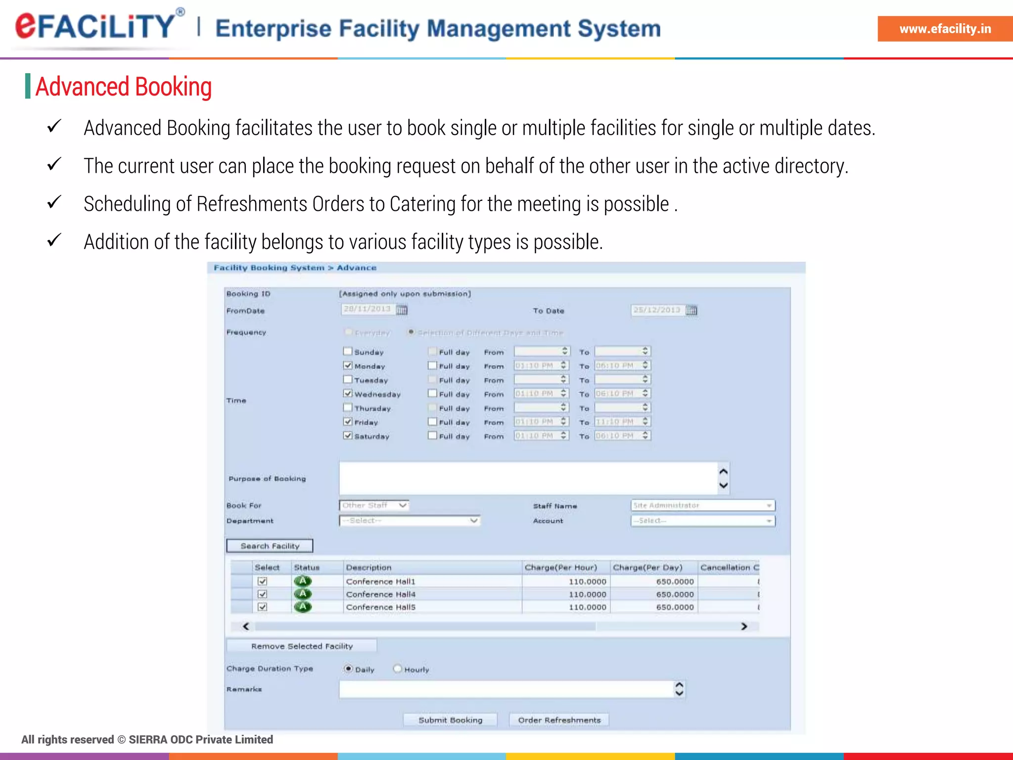 All rights reserved © SIERRA ODC Private Limited
www.efacility.in
Advanced Booking
 Advanced Booking facilitates the user to book single or multiple facilities for single or multiple dates.
 The current user can place the booking request on behalf of the other user in the active directory.
 Scheduling of Refreshments Orders to Catering for the meeting is possible .
 Addition of the facility belongs to various facility types is possible.
 