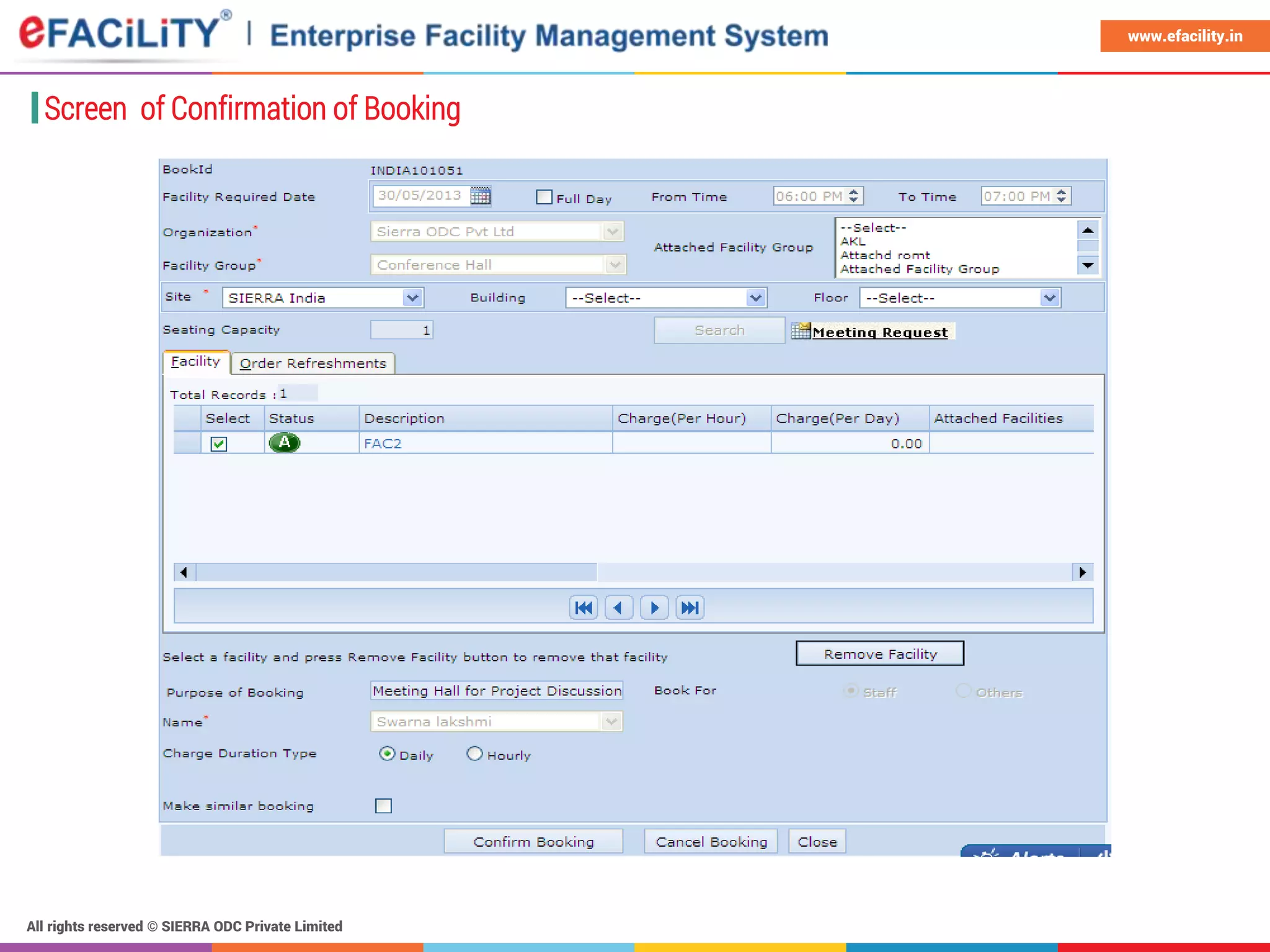 All rights reserved © SIERRA ODC Private Limited
www.efacility.in
Screen of Confirmation of Booking
 