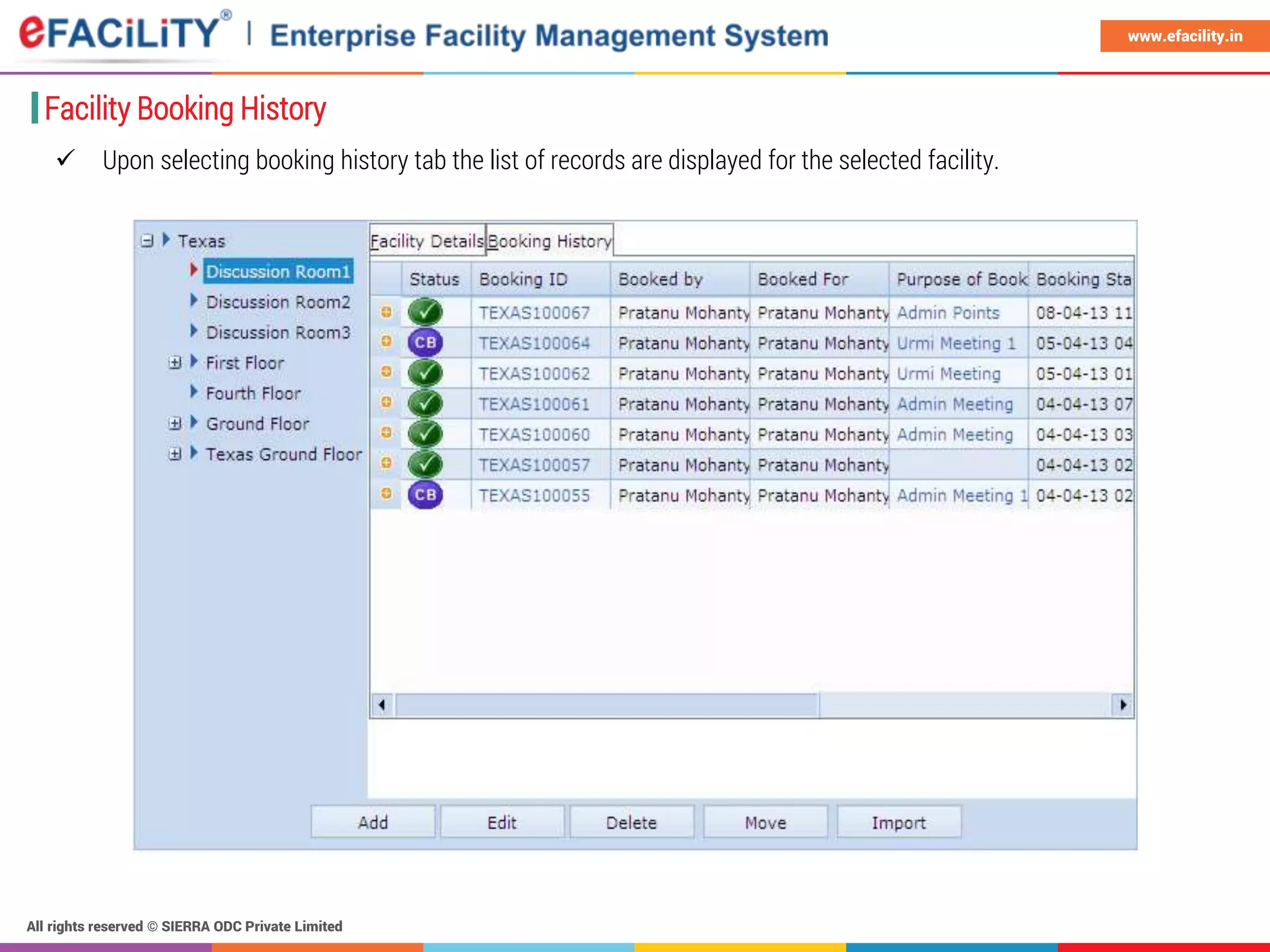 All rights reserved © SIERRA ODC Private Limited
www.efacility.in
Facility Booking History
 Upon selecting booking history tab the list of records are displayed for the selected facility.
 