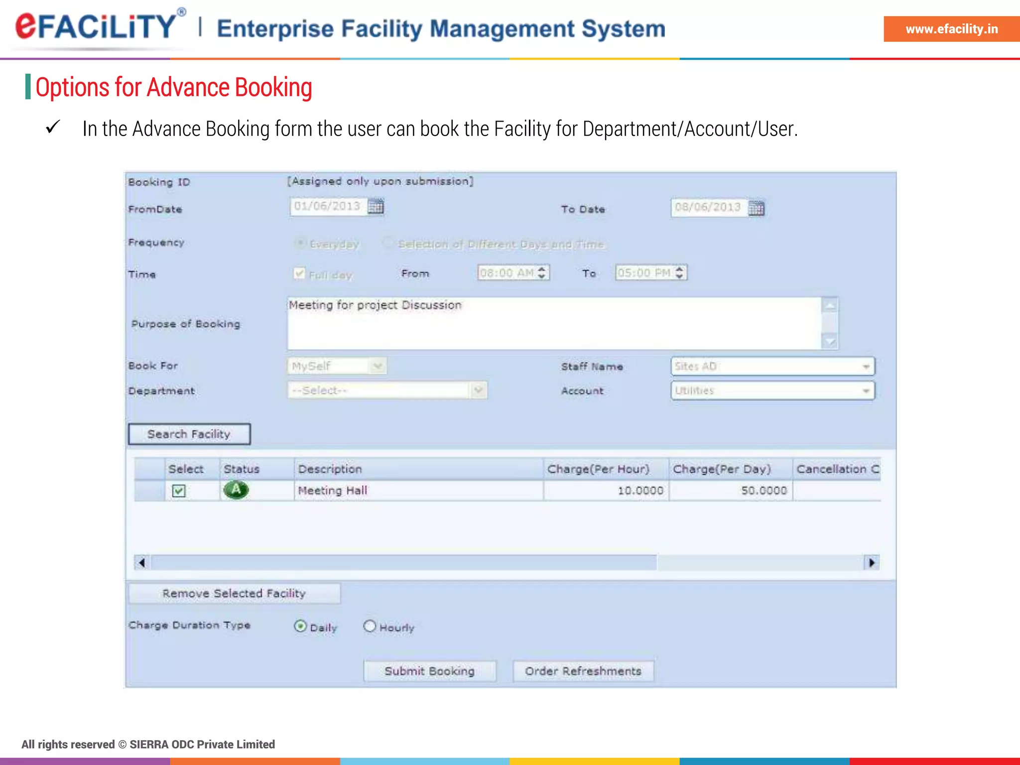 All rights reserved © SIERRA ODC Private Limited
www.efacility.in
Options for Advance Booking
 In the Advance Booking form the user can book the Facility for Department/Account/User.
 
