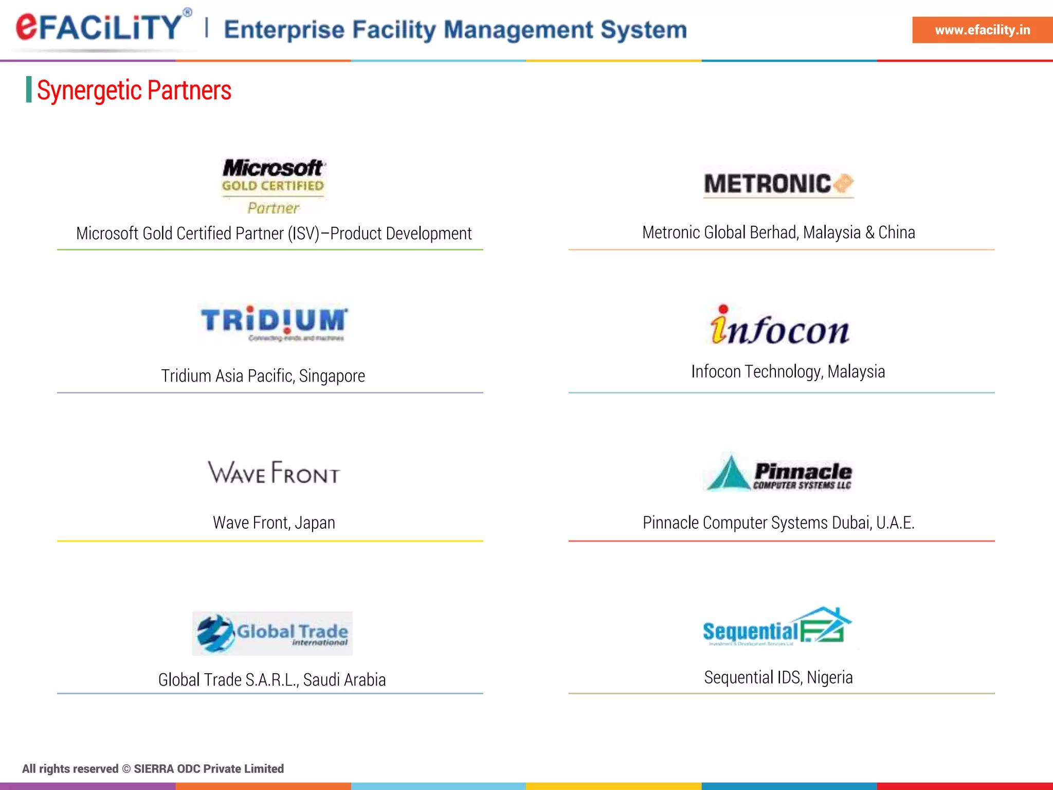 All rights reserved © SIERRA ODC Private Limited
www.efacility.in
Synergetic Partners
Microsoft Gold Certified Partner (ISV)–Product Development Metronic Global Berhad, Malaysia & China
Tridium Asia Pacific, Singapore Infocon Technology, Malaysia
Wave Front, Japan Pinnacle Computer Systems Dubai, U.A.E.
Sequential IDS, NigeriaGlobal Trade S.A.R.L., Saudi Arabia
 
