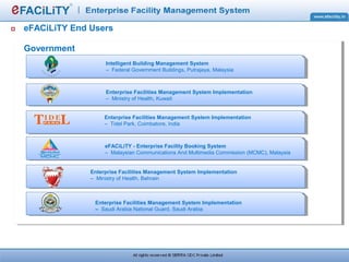 eFACiLiTY End Users
Corporates
Enterprise Visitor Management System
– Japan Tobacco International, Malaysia
Enterprise Fac...