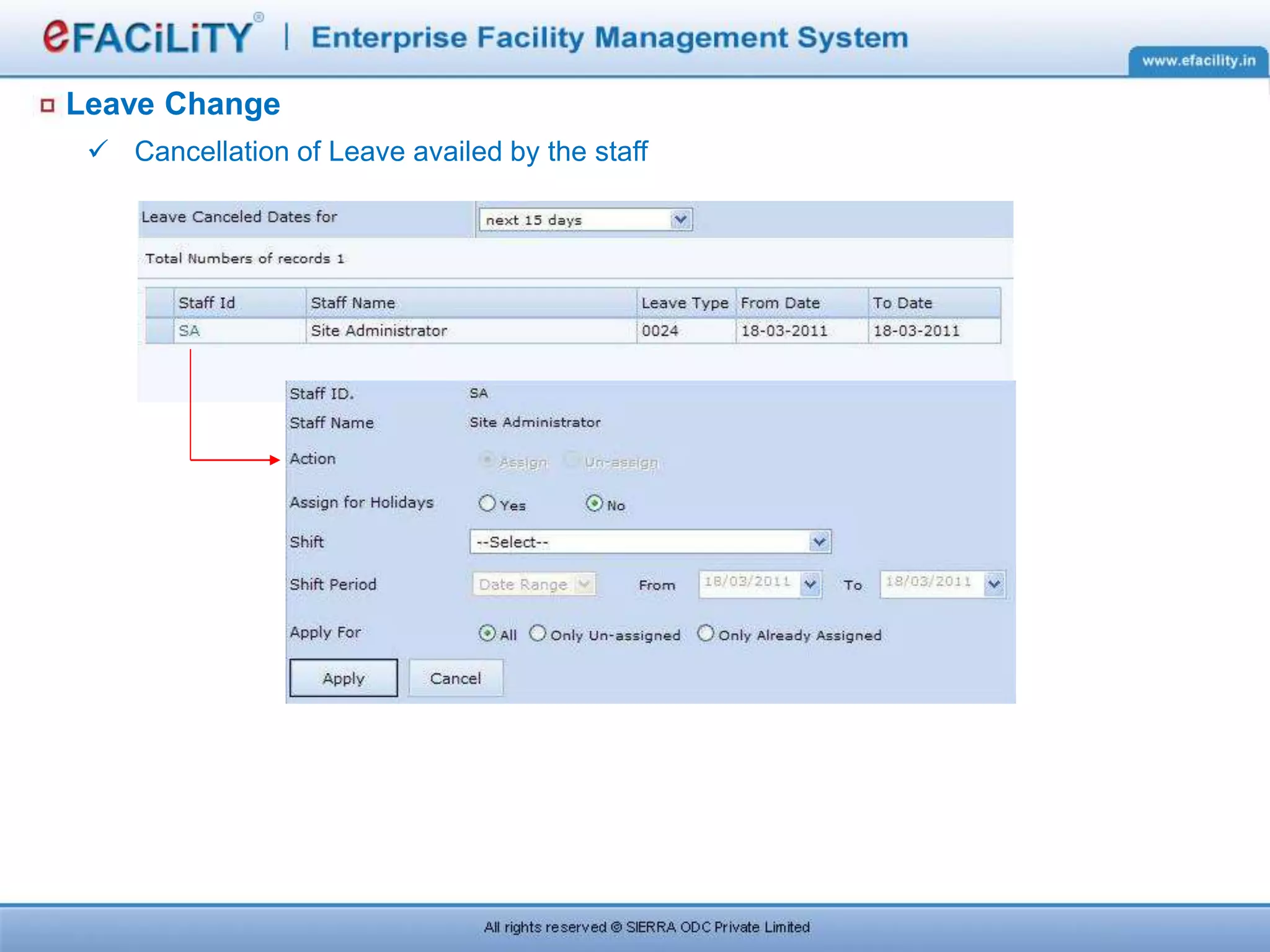 Leave Change
 Cancellation of Leave availed by the staff
 