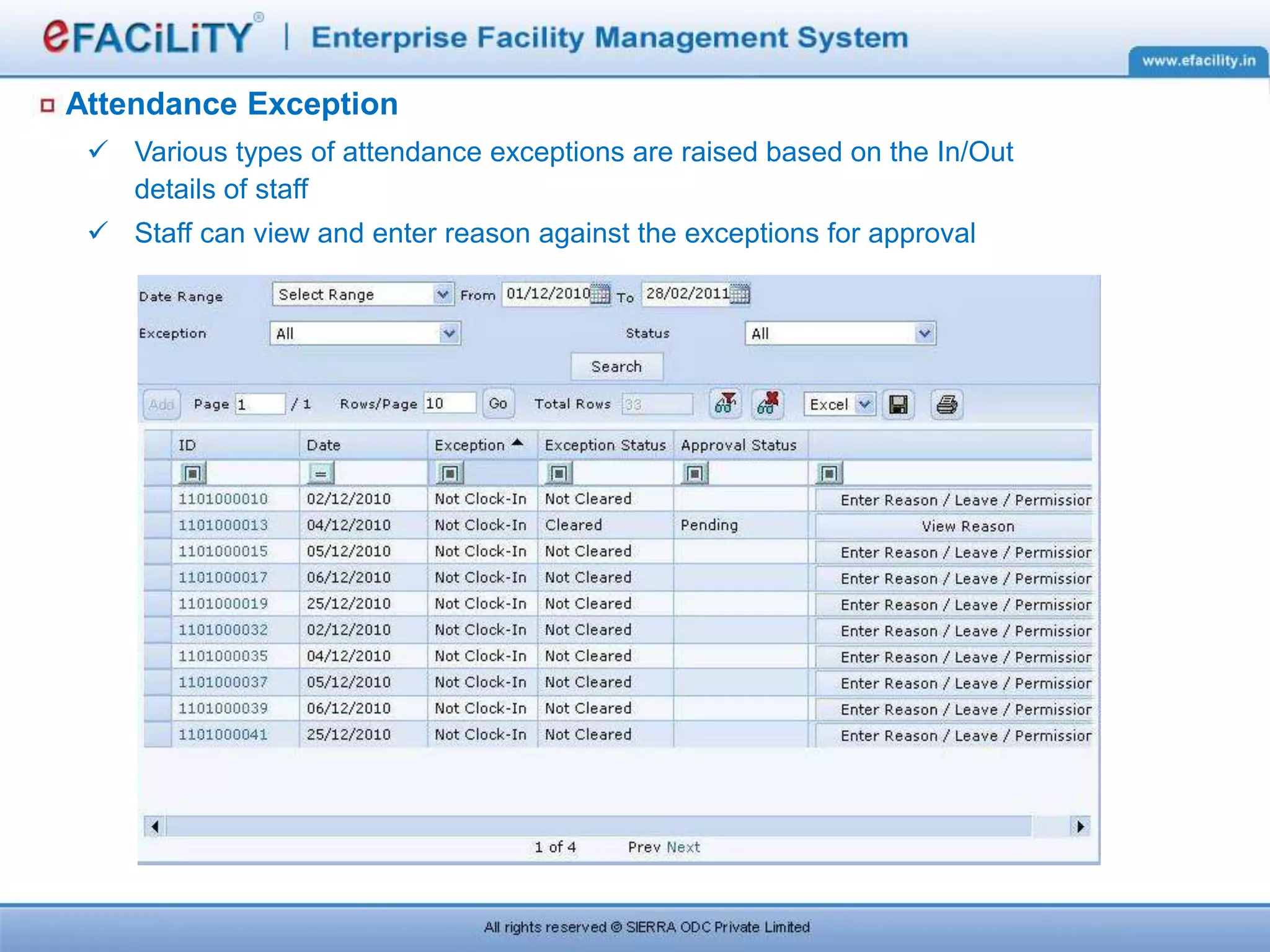 Attendance Exception
 Various types of attendance exceptions are raised based on the In/Out
details of staff
 Staff can view and enter reason against the exceptions for approval
 
