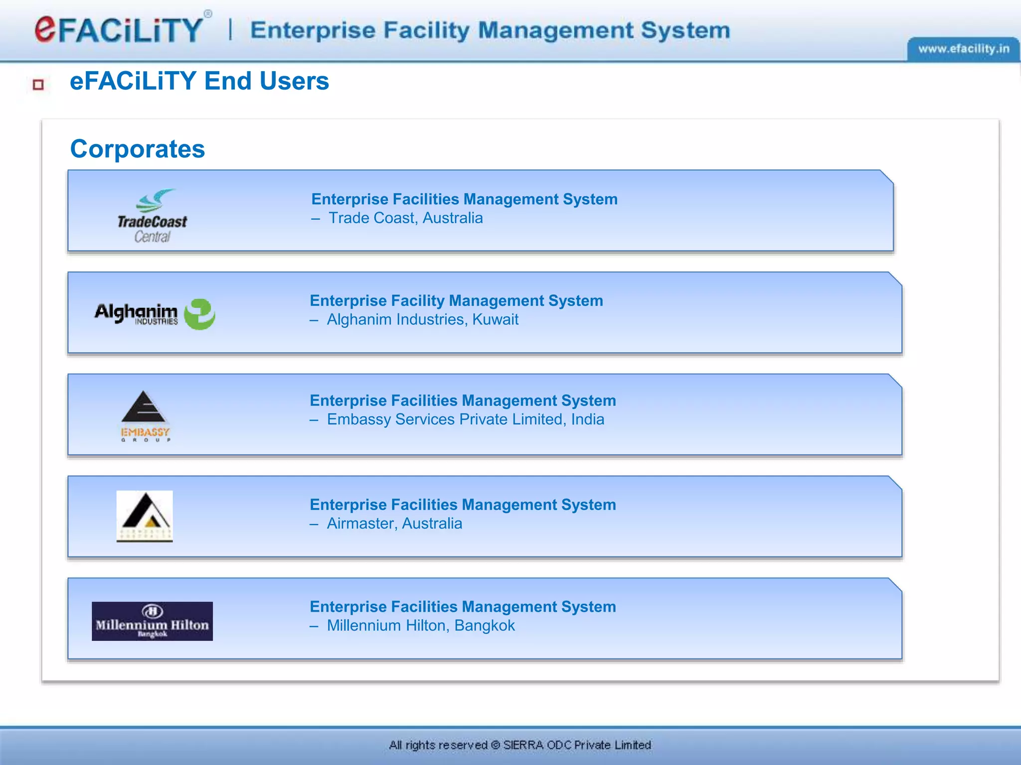 eFACiLiTY End UserseFACiLiTY End Users
Corporates
Enterprise Facilities Management System
– Trade Coast, Australia
Enterprise Facility Management System
– Alghanim Industries, Kuwait
Enterprise Facilities Management System
– Embassy Services Private Limited, India
Enterprise Facilities Management System
– Airmaster, Australia
Enterprise Facilities Management System
– Millennium Hilton, Bangkok
 