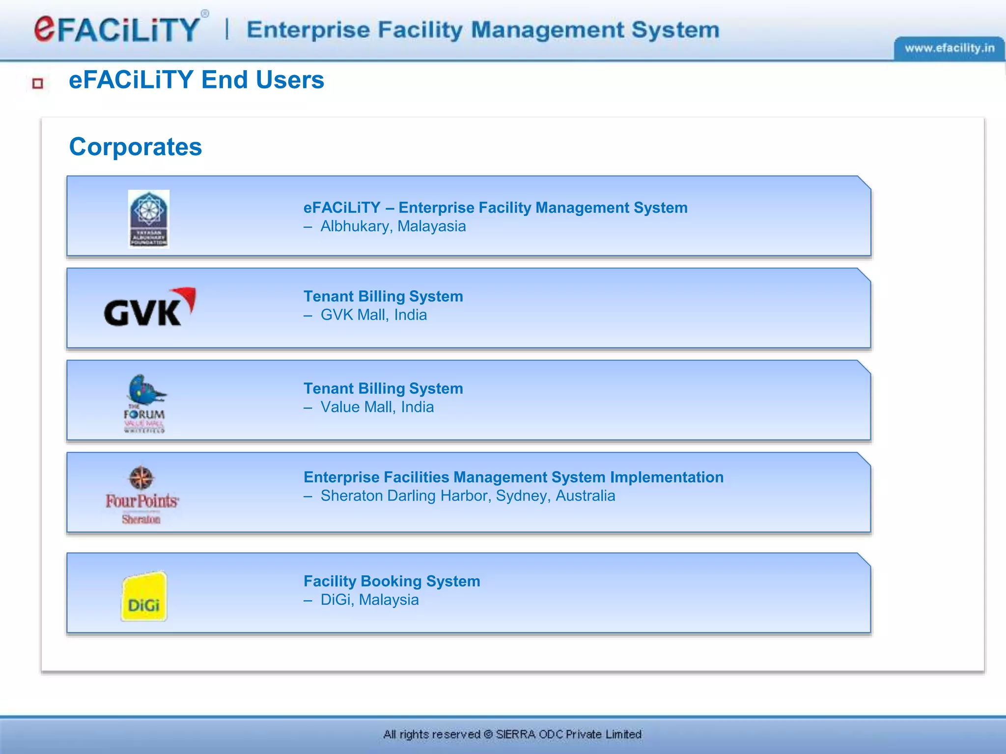 Corporates
eFACiLiTY – Enterprise Facility Management System
– Albhukary, Malayasia
Tenant Billing System
– GVK Mall, India
Tenant Billing System
– Value Mall, India
Enterprise Facilities Management System Implementation
– Sheraton Darling Harbor, Sydney, Australia
Facility Booking System
– DiGi, Malaysia
eFACiLiTY End Users
 