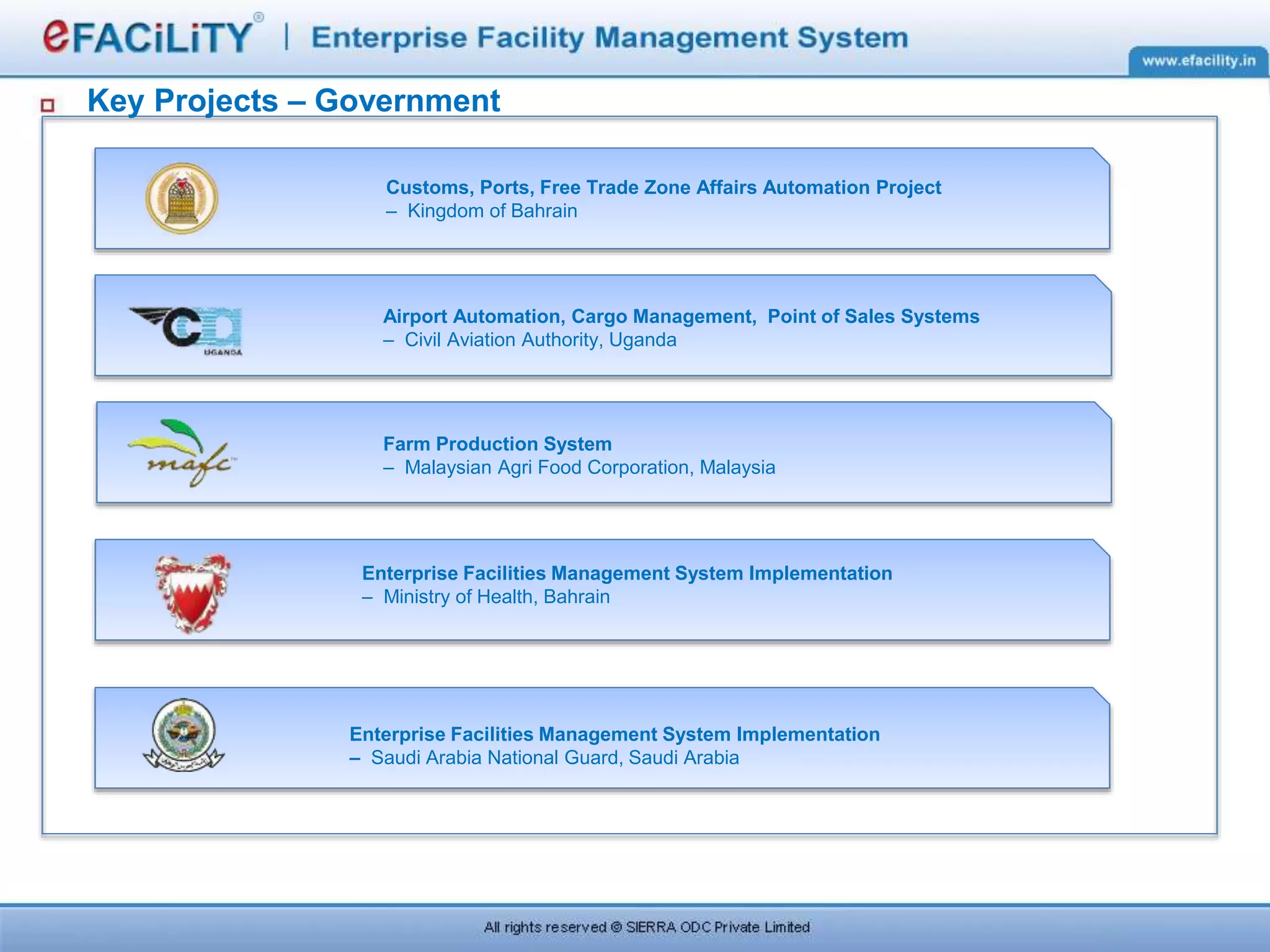 Customs, Ports, Free Trade Zone Affairs Automation Project
– Kingdom of Bahrain
Key Projects – Government
Airport Automation, Cargo Management, Point of Sales Systems
– Civil Aviation Authority, Uganda
Farm Production System
– Malaysian Agri Food Corporation, Malaysia
Enterprise Facilities Management System Implementation
– Ministry of Health, Bahrain
Enterprise Facilities Management System Implementation
– Saudi Arabia National Guard, Saudi Arabia
 