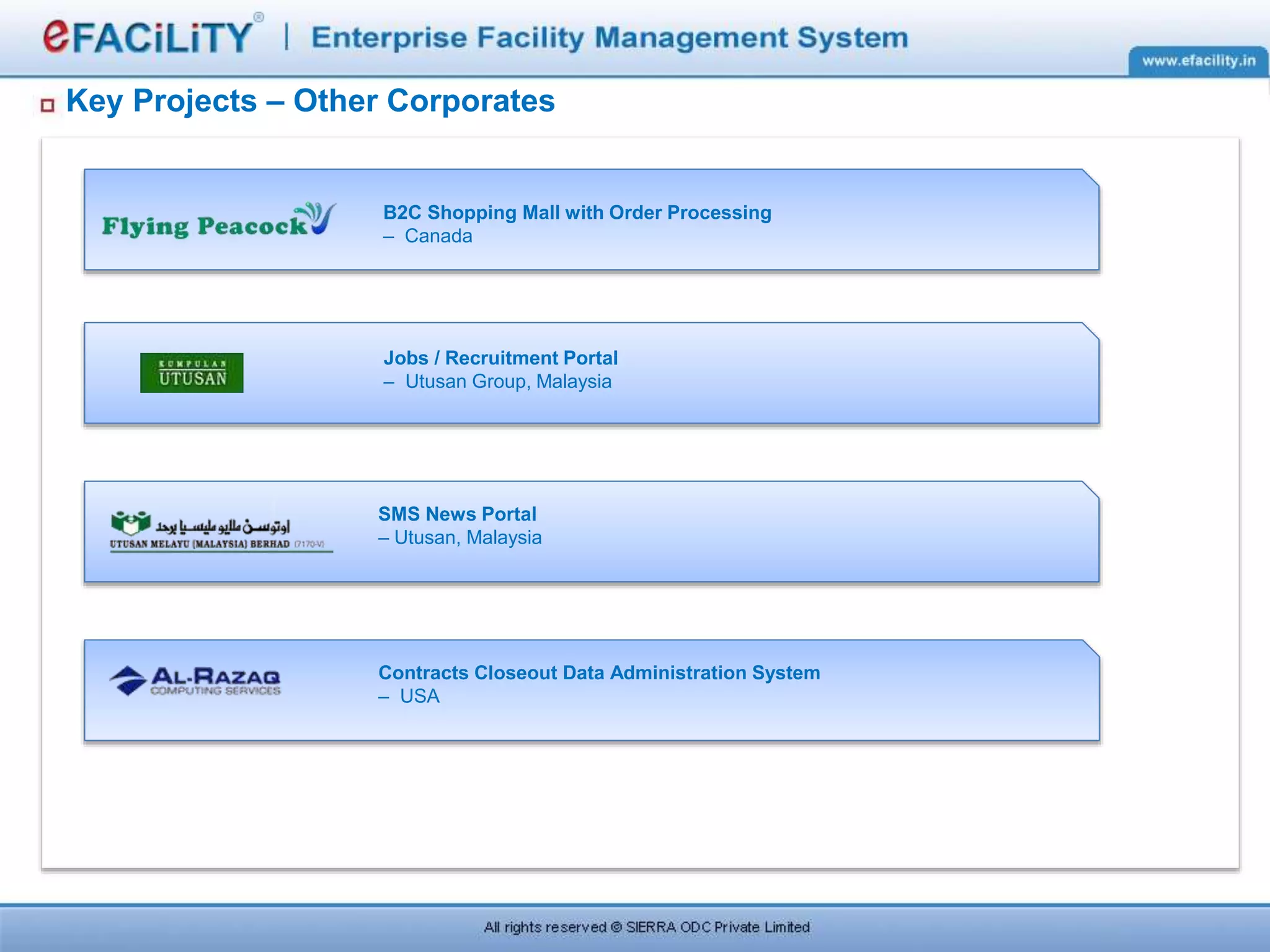 Key Projects – Other Corporates
B2C Shopping Mall with Order Processing
– Canada
Jobs / Recruitment Portal
– Utusan Group, Malaysia
SMS News Portal
– Utusan, Malaysia
Contracts Closeout Data Administration System
– USA
 