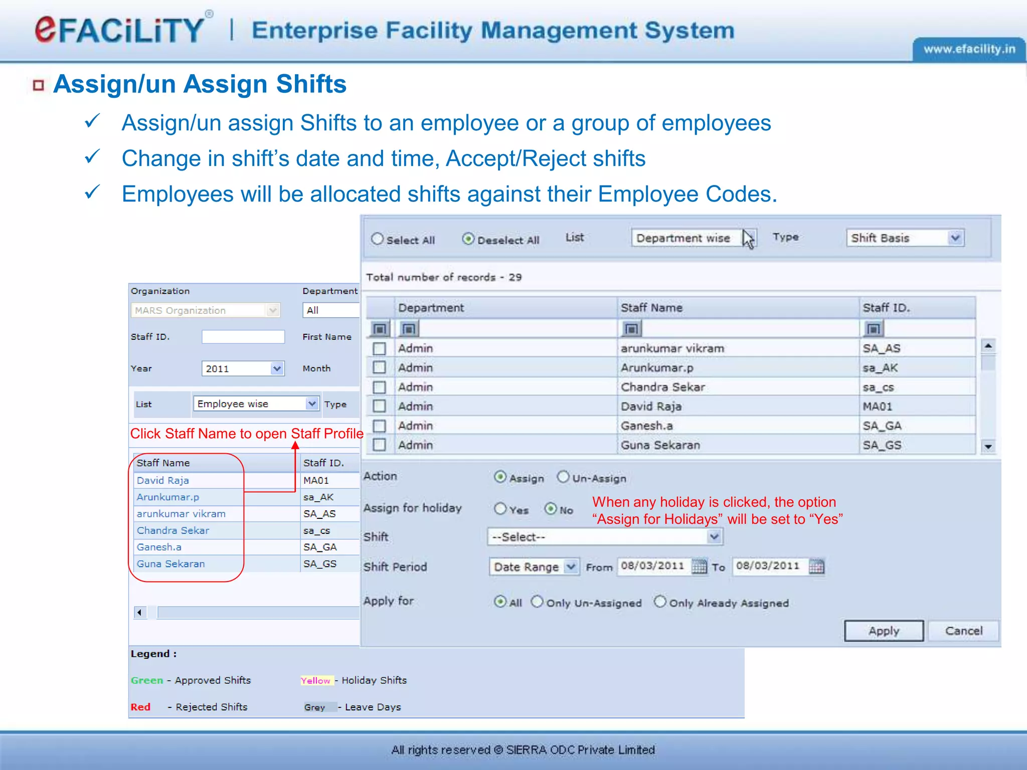 Assign/un Assign Shifts
 Assign/un assign Shifts to an employee or a group of employees
 Change in shift’s date and time, Accept/Reject shifts
 Employees will be allocated shifts against their Employee Codes.
Click Staff Name to open Staff Profile
When any holiday is clicked, the option
“Assign for Holidays” will be set to “Yes”
 